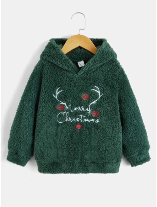 SHEIN Toddler Boys Christmas Slogan & Elk Embroidery Teddy Hoodie