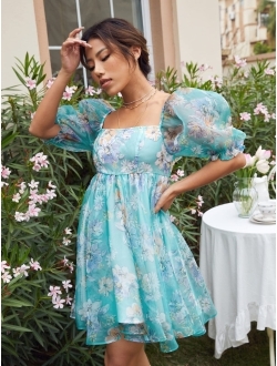Women's Tulle Dress Floral Puff Sleeve Square Neck Flared Short Dress