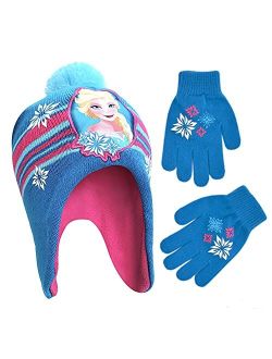 Girls' Frozen Winter Hat and Kids Gloves Set, Elsa and Anna Beanie for Ages 4-7