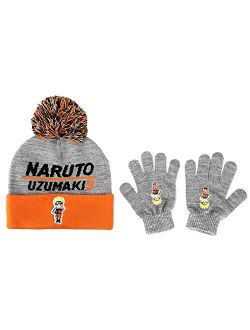 Naruto Shippuden Cuffed Beanie Hat with Pom and Gloves Combo Set for Kids Multicolor
