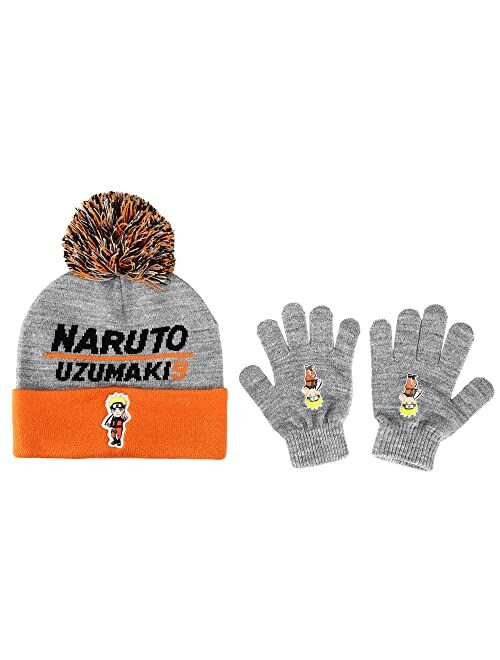 Bioworld Naruto Shippuden Cuffed Beanie Hat with Pom and Gloves Combo Set for Kids Multicolor
