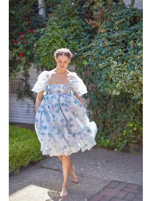 Yuemengxuan Women French Princess Dress Bubble Sleeve Puff Dress Floral Printing Ruffle Hem Summer Dress Party Prom