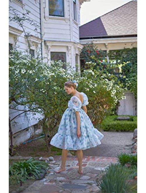 Yuemengxuan Women French Princess Dress Bubble Sleeve Puff Dress Floral Printing Ruffle Hem Summer Dress Party Prom