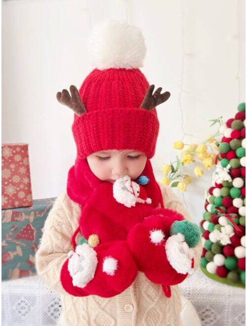 Shein Toddler Kids Christmas Antlers Decor Beanie & Scarf & Gloves
