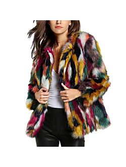 Gihuo Womens Multicolor Faux Fur Coat Winter Warm Gradient Color Outwear Jacket