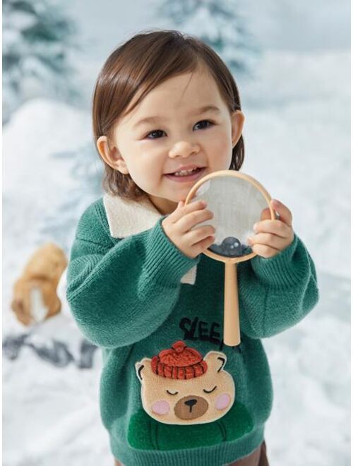 Shein Toddler Boys Bear & Letter Pattern Drop Shoulder Sweater