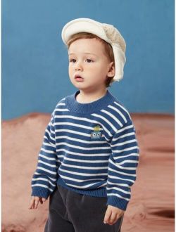 Toddler Boys Cartoon Embroidery Striped Pattern Drop Shoulder Sweater