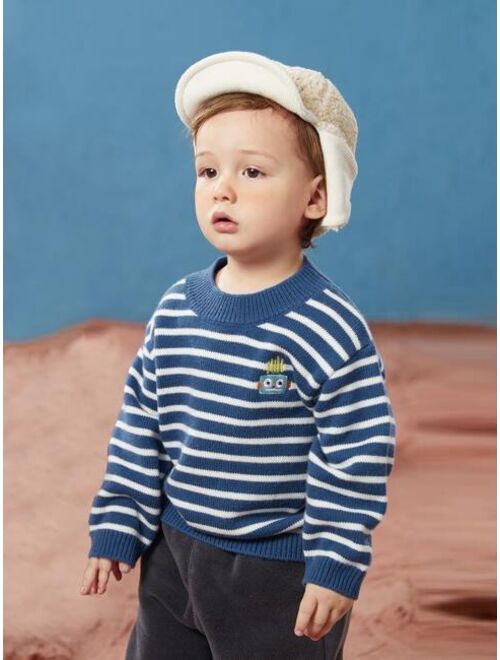 Shein Toddler Boys Cartoon Embroidery Striped Pattern Drop Shoulder Sweater