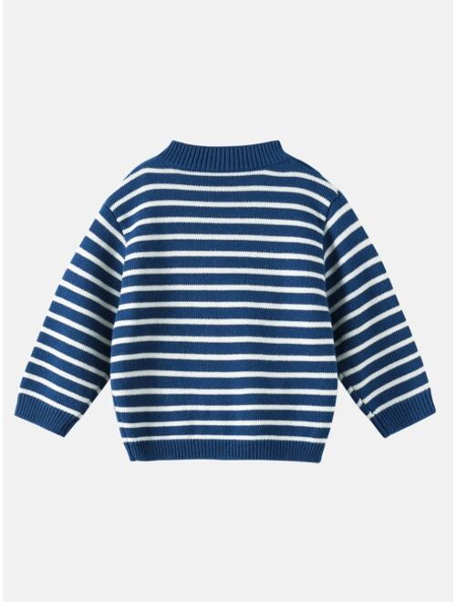 Shein Toddler Boys Cartoon Embroidery Striped Pattern Drop Shoulder Sweater