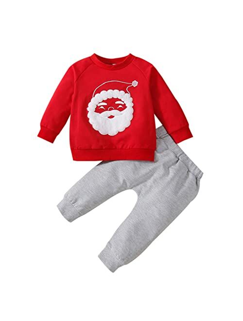 Generic Toddler Girls Boys Christmas Winter Long Sleeve Santa Prints Shirt Tops Pants 2PCS Boys Clothes Size (Red, 6-12 Months)