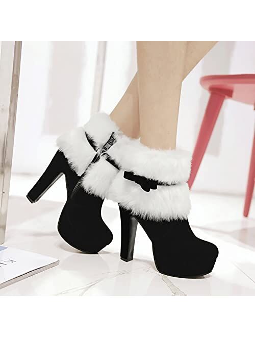 Adeliber New Womens Sexy Fashion High Heel Boots Christmas Winter Suede Thick Heel Ankle Booties Casual Side Zipper Keep Warm Comfortable Platform Work Boots Womens Short