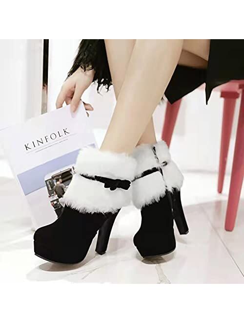 Adeliber New Womens Sexy Fashion High Heel Boots Christmas Winter Suede Thick Heel Ankle Booties Casual Side Zipper Keep Warm Comfortable Platform Work Boots Womens Short