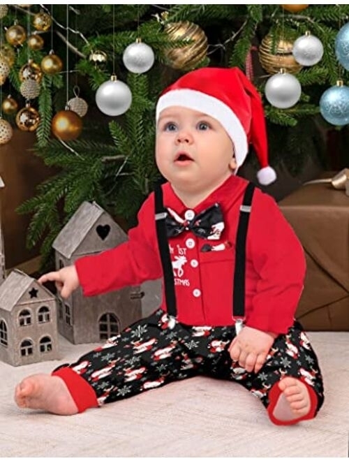 Agapeng Baby Boy Christmas Outfit My First Christmas Infant Gentleman Romper with Bow Tie Suspender Pants Hat 3PCS Clothes Set