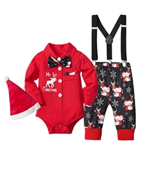Agapeng Baby Boy Christmas Outfit My First Christmas Infant Gentleman Romper with Bow Tie Suspender Pants Hat 3PCS Clothes Set