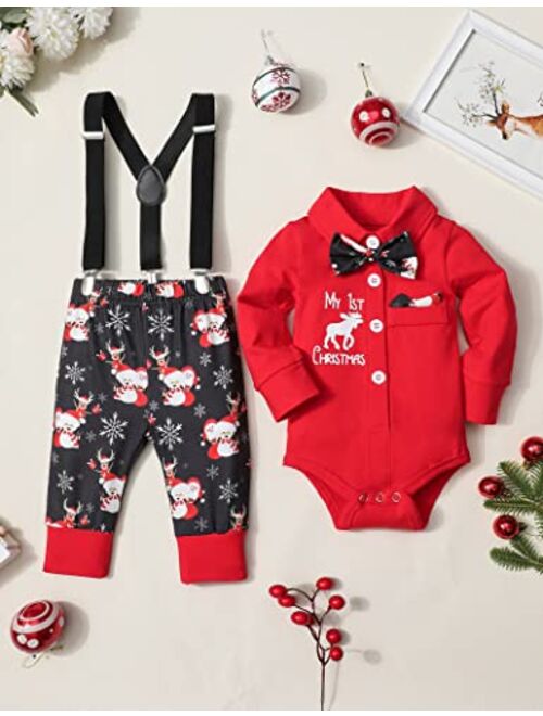 Agapeng Baby Boy Christmas Outfit My First Christmas Infant Gentleman Romper with Bow Tie Suspender Pants Hat 3PCS Clothes Set