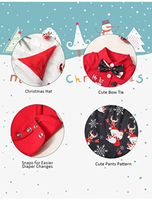 Agapeng Baby Boy Christmas Outfit My First Christmas Infant Gentleman Romper with Bow Tie Suspender Pants Hat 3PCS Clothes Set