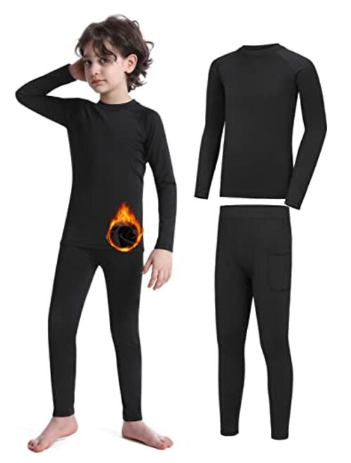 Roadbox Boys Thermal Underwear Sets - Ultra Soft FLeece Lined Long Johns Base Layer Top and Bottoms with Pockets