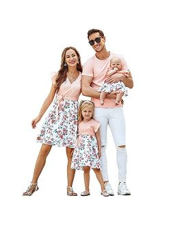 Calla Dream Matching Family Outfits, Mommy and Me Floral Printed Dresses Pink Tshirt Short Sleeve Matching Outfits