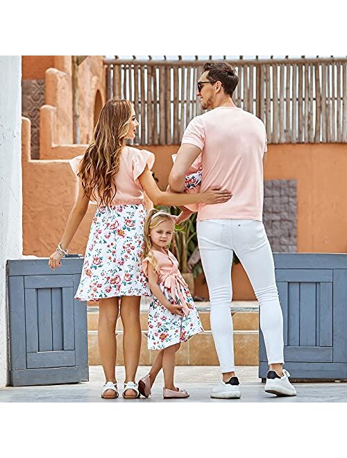 Calla Dream Matching Family Outfits, Mommy and Me Floral Printed Dresses Pink Tshirt Short Sleeve Matching Outfits