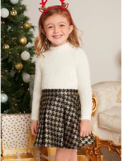 Toddler Girls 1set Fuzzy Mock Neck Top & Houndstooth Print Skirt