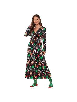 Woedpez Womens Christmas Long Sleeve Casual A-Line Midi Dress Cute Reindeer Striped Printed Wrap V-Neck Belted Party Dresses