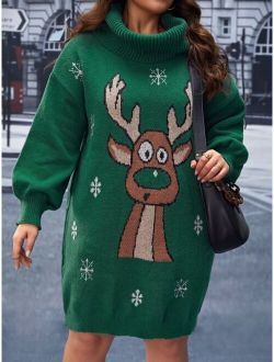 Plus Ugly Christmas Pattern Funnel Neck Drop Shoulder Sweater Dress