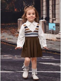 Toddler Girls Chevron Print 2 In 1 Shirt & Pleated Skirt