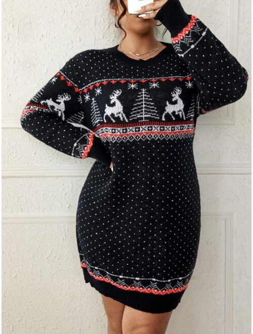 Shein Plus Deer & Tree Pattern Drop Shoulder Sweater Dress