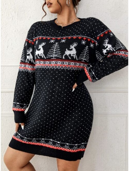 Shein Plus Deer & Tree Pattern Drop Shoulder Sweater Dress