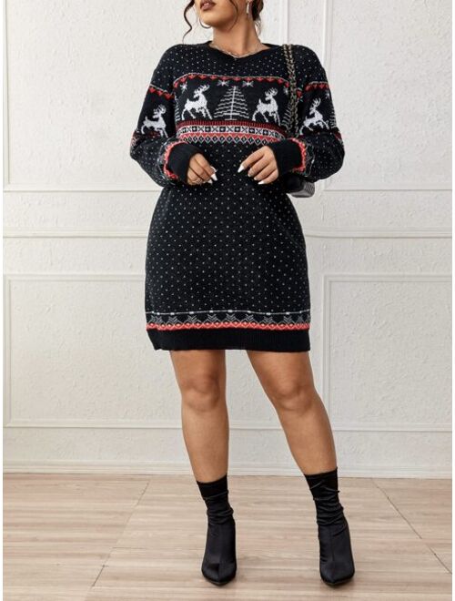 Shein Plus Deer & Tree Pattern Drop Shoulder Sweater Dress