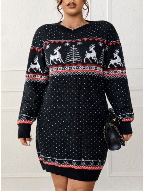 Shein Plus Deer & Tree Pattern Drop Shoulder Sweater Dress