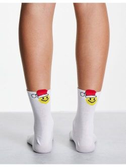 Christmas ankle socks with happy Santa in white