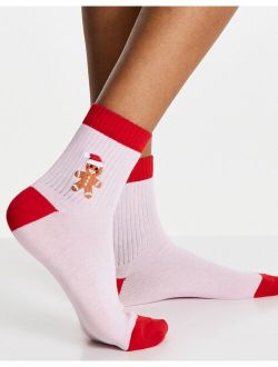 Christmas ankle socks with ginger bread embroidery in pink
