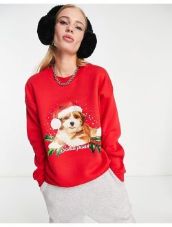 Christmas oversized sweatshirt with santa paws print in bright red
