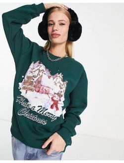 Christmas oversized sweatshirt with retro scenic print in forest green