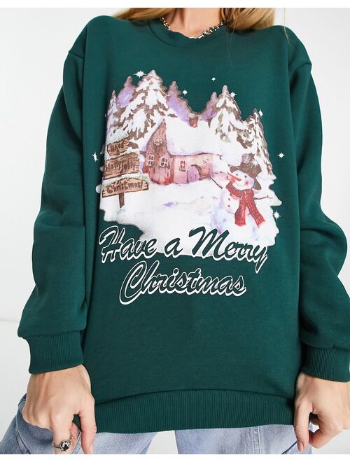 ASOS DESIGN Christmas oversized sweatshirt with retro scenic print in forest green