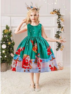 Girls Christmas Santa Claus Print Belted Gown Dress