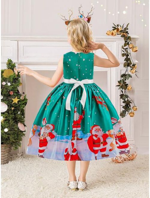 Shein Girls Christmas Santa Claus Print Belted Gown Dress