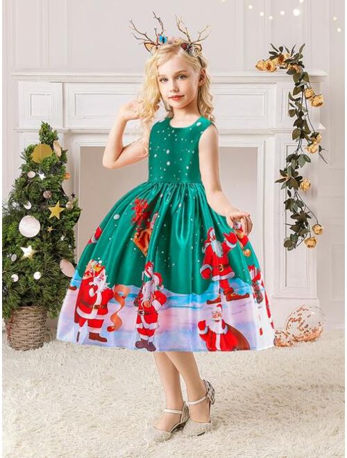 Shein Girls Christmas Santa Claus Print Belted Gown Dress