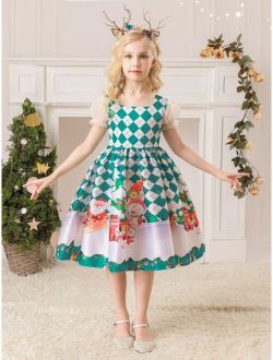 Girls Argyle & Christmas Print Flounce Sleeve Bow Back Party Dress