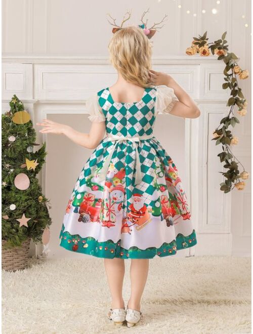 Shein Girls Argyle & Christmas Print Flounce Sleeve Bow Back Party Dress
