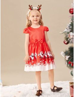 Toddler Girls Christmas Santa Claus Print Bow Front Gown Dress