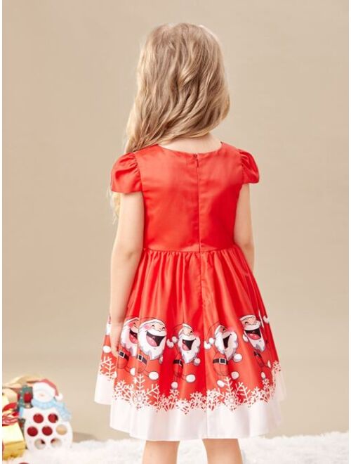 SHEIN Toddler Girls Christmas Santa Claus Print Bow Front Gown Dress