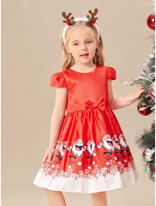 SHEIN Toddler Girls Christmas Santa Claus Print Bow Front Gown Dress
