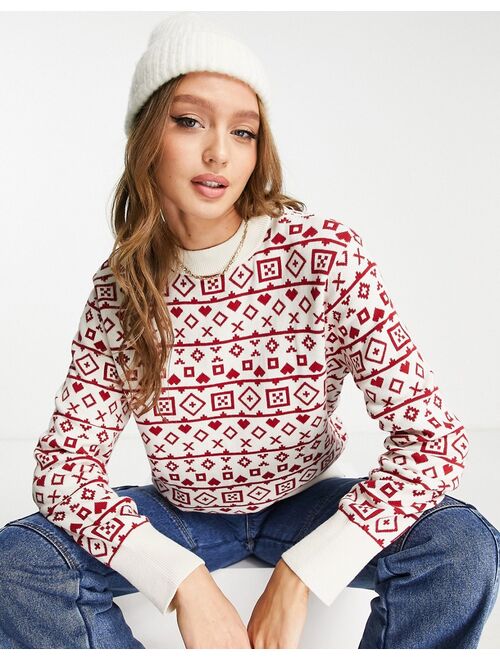 Monki Christmas knit sweater in beige and red fairisle