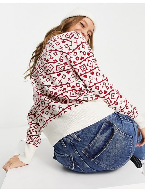 Monki Christmas knit sweater in beige and red fairisle