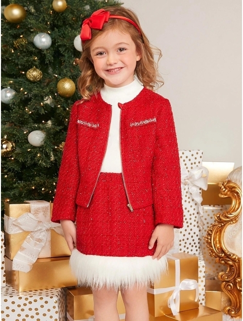 SHEIN Toddler Girls 1pc Tweed Jacket & 1pc Fuzzy Trim Skirt