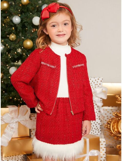 SHEIN Toddler Girls 1pc Tweed Jacket & 1pc Fuzzy Trim Skirt