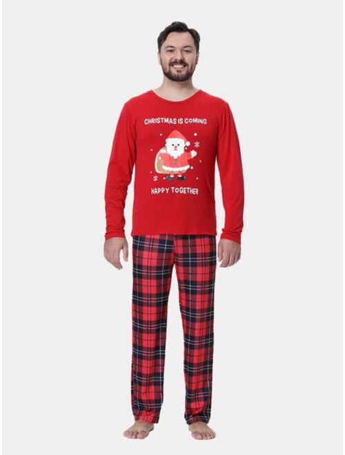Shein Men 1pc Christmas Print Sleep Top & 1pc Plaid Sleep Pants