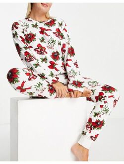Chelsea Peers long sleeve pajama set in cream retro christmas print
